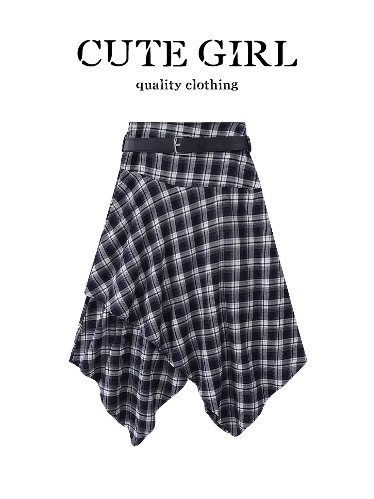 Váy kẻ sọc bất đối xứng phong cách Hàn Quốc dành cho nữ, thiết kế mùa thu, váy cạp cao, thon gọn, đa năng và độc đáo