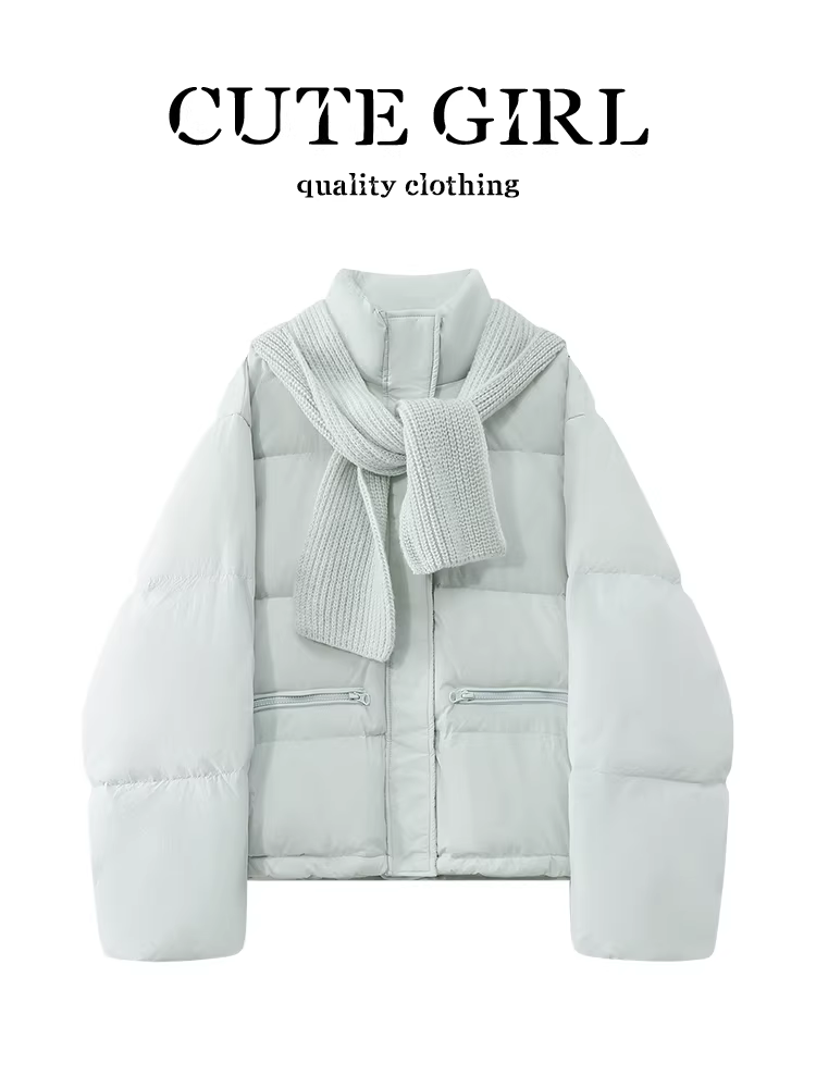 Áo khoác màu xanh lam phong cách Hàn Quốc có khăn choàng và cổ đứng dành cho nữ, mùa thu đông, áo khoác cotton thanh lịch, rộng rãi, giản dị, đa năng