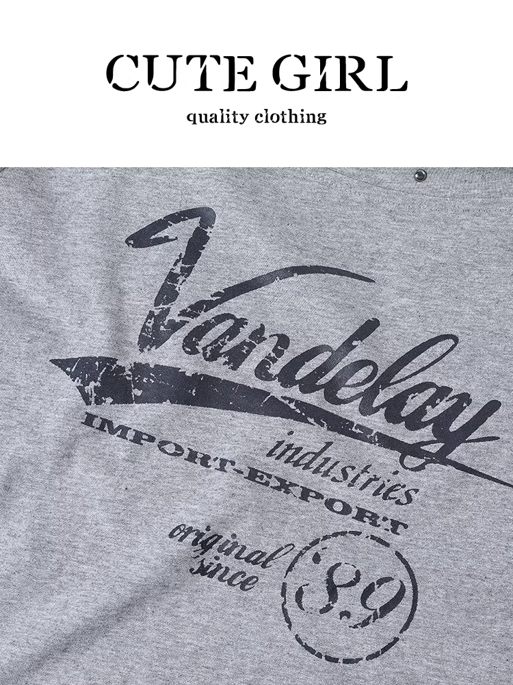 Áo thun dài tay lệch vai cổ yếm màu xám sành điệu của CuteGirl dành cho nữ, phong cách lười biếng mùa thu, dáng rộng và đa năng, áo ngọt ngào và mát mẻ