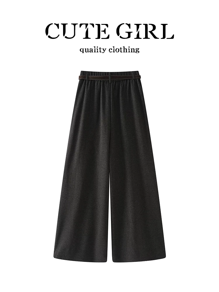 Quần ống rộng bằng len màu xám đậm phong cách retro CuteGirl dành cho nữ trong mùa thu đông, quần ống rộng và đa năng, quần ống thẳng có xếp nếp