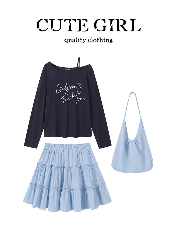 CuteGirl phong cách Hàn Quốc in chữ sang trọng, áo thun dài tay chống nắng, váy bánh ngọt mùa hè dành cho nữ, bộ ba món