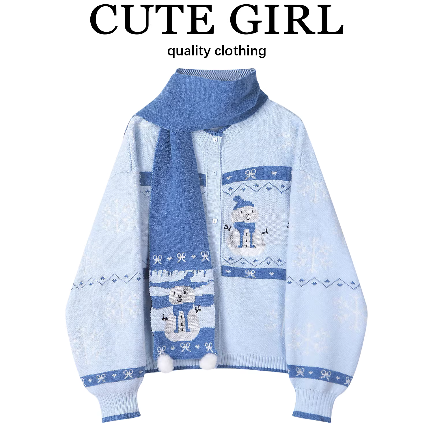 CuteGirl Trang phục Giáng sinh áo len cardigan màu xanh Fair Isle dành cho nữ mùa thu đông phong cách lười biếng đồ dệt kim mềm mại và trẻ trung