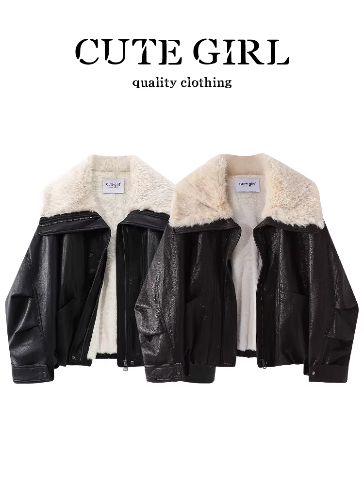 Áo khoác da tích hợp lông thú CuteGirl Melard dành cho nữ mùa đông kiểu dáng cổ điển dáng rộng áo khoác giảm béo