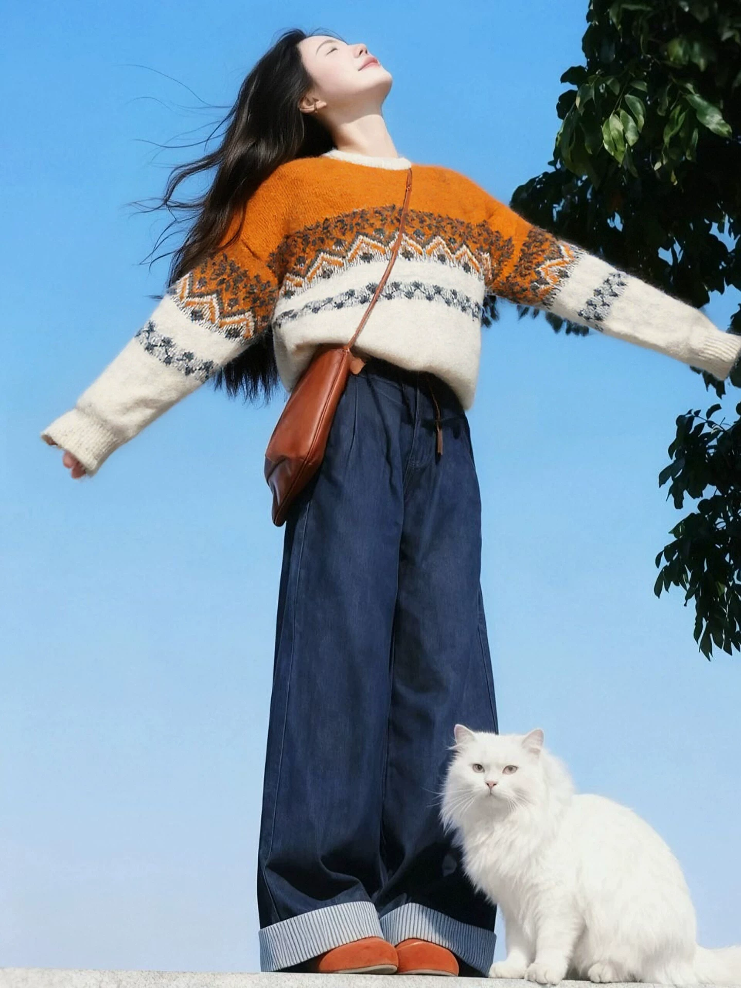 Áo len cổ tròn màu đỏ không khí Giáng sinh và năm mới của CuteGirl Fair Isle dành cho nữ, đồ dệt kim đa năng theo phong cách cổ điển mùa đông