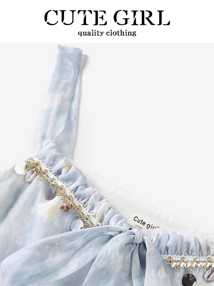 CuteGirl Váy dây đeo spaghetti màu xanh gradient theo phong cách Pháp độc đáo và siêu xinh dành cho nữ, váy dài phong cách đi nghỉ mát trên bãi biển mùa hè.