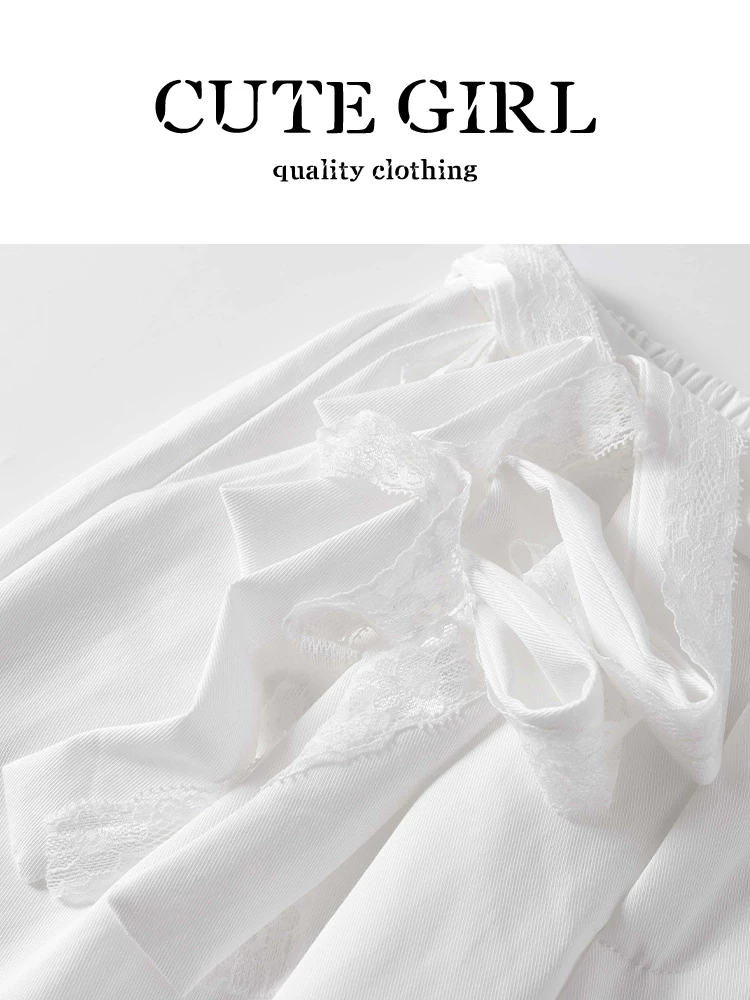 CuteGirl phong cách Hàn Quốc phối ren sang trọng phối ren quần ống rộng thông thường dành cho nữ mùa hè quần trắng thẳng lưng cao