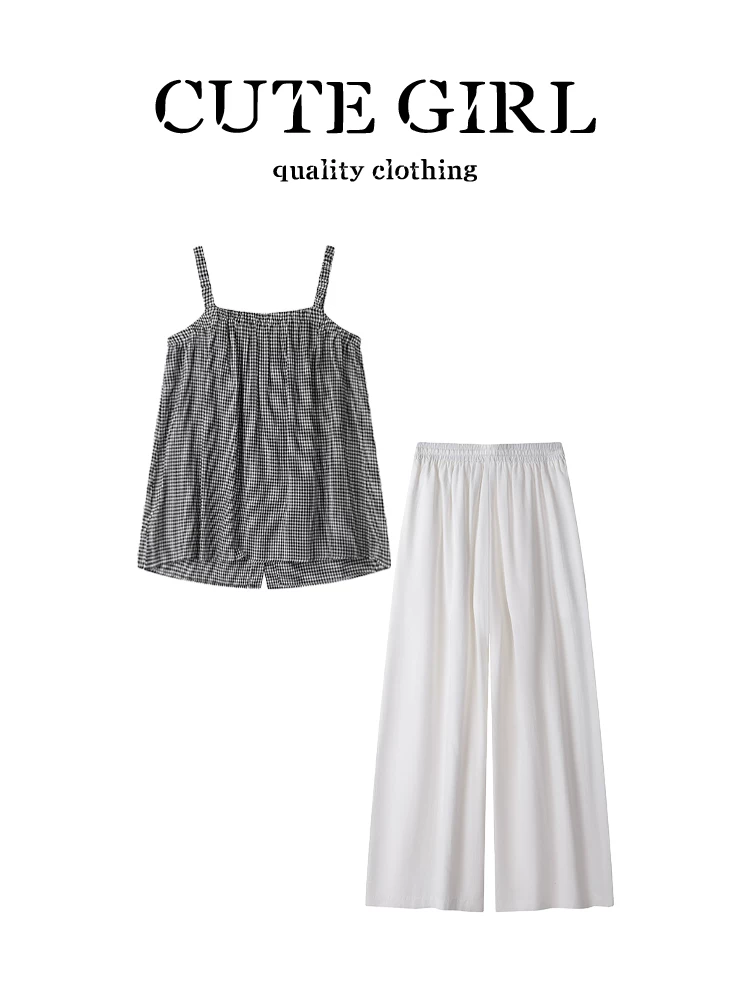 Bộ trang phục hoàn chỉnh phong cách CuteGirl ootd dành cho nữ mùa hè áo yếm kẻ sọc quần ống rộng màu trắng Bộ hai món
