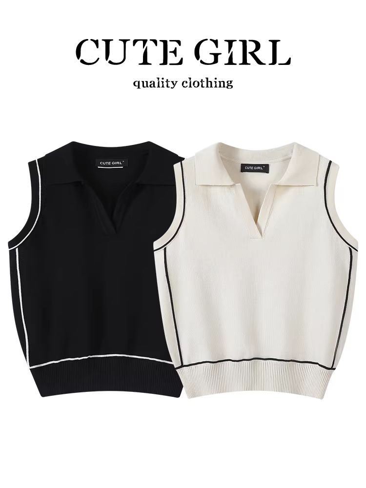 Áo vest dệt kim không tay cổ polo cổ điển Hàn Quốc CuteGirl dành cho nữ, áo kiểu dáng rộng rãi, đa năng, cao cấp mùa hè