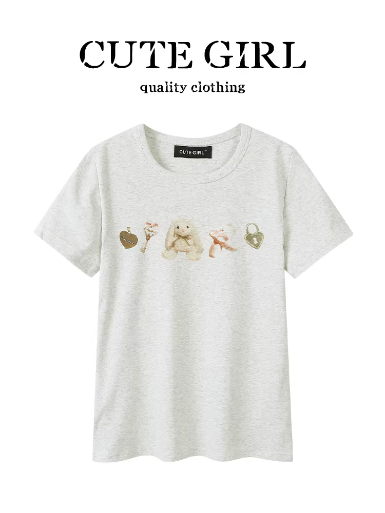 Áo thun ngắn tay in hình thỏ múa ba lê phong cách dễ thương dành cho nữ thiết kế mùa hè dáng ôm vừa vặn giảm béo giảm tuổi tác