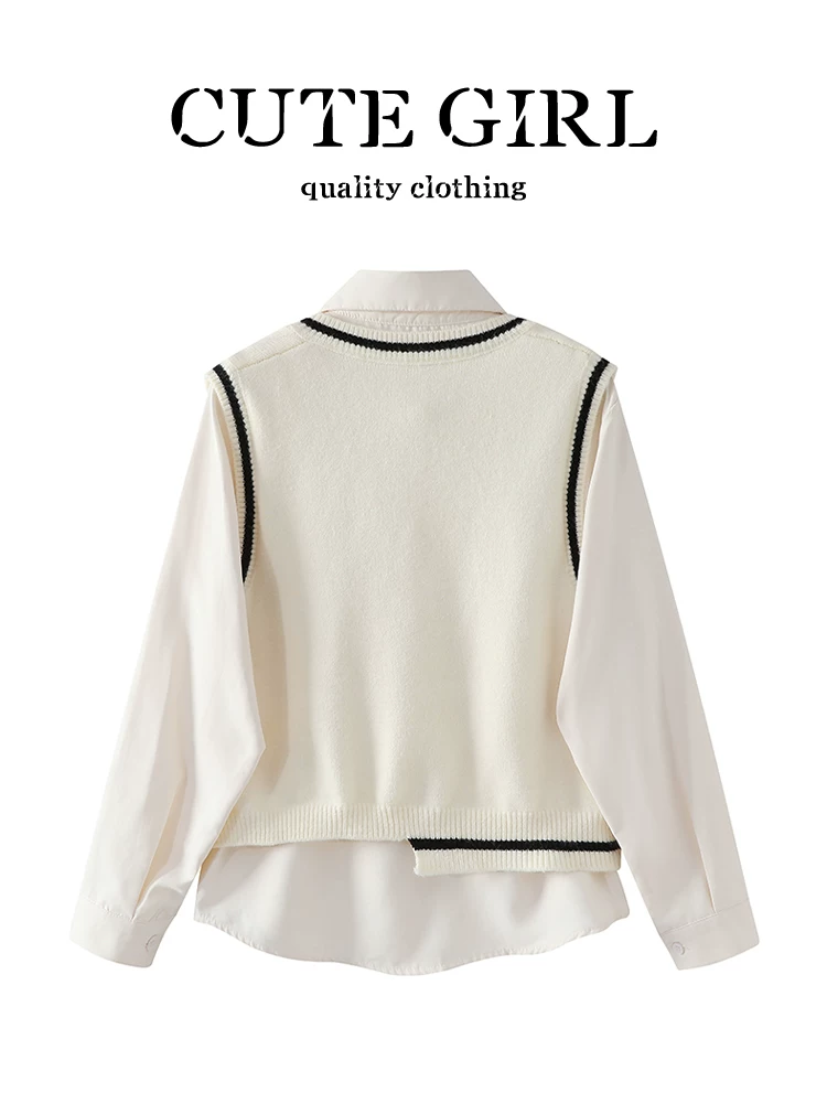 Áo vest giảm tuổi tác phong cách Hàn Quốc CuteGirl Áo vest dệt kim cổ chữ V phối áo sơ mi dài tay Bộ đồ hai mảnh dành cho nữ vào mùa thu