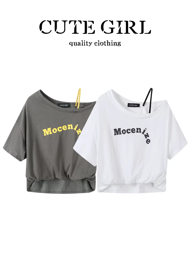 Áo thun ngắn tay lệch vai giả hai mảnh phong cách Mỹ của CuteGirl dành cho nữ, áo in họa tiết đi làm mùa hè đa năng