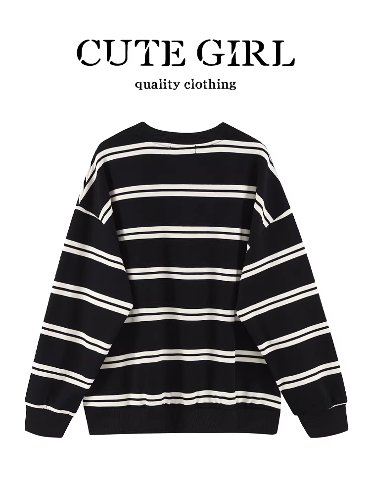 Áo len cổ tròn sọc đen trắng phong cách Hàn Quốc dành cho nữ, thiết kế thu đông, áo dáng rộng đa năng, phong cách giản dị