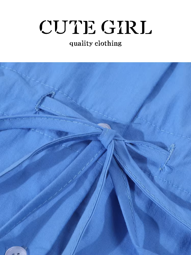 Áo sơ mi ngắn tay màu xanh nhạt kiểu Pháp dễ thương dành cho nữ, áo kiểu xếp ly thắt eo sang trọng mùa hè.