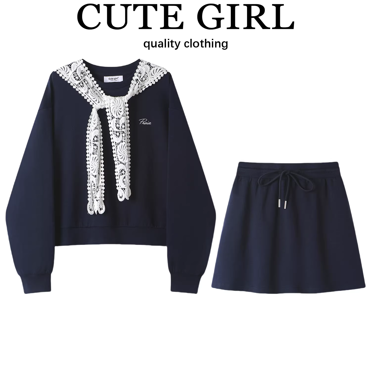 CuteGirl phong cách preppy khăn choàng ren màu xanh hải quân thêu áo len nữ mùa xuân co giãn váy lưng cao bộ hai món