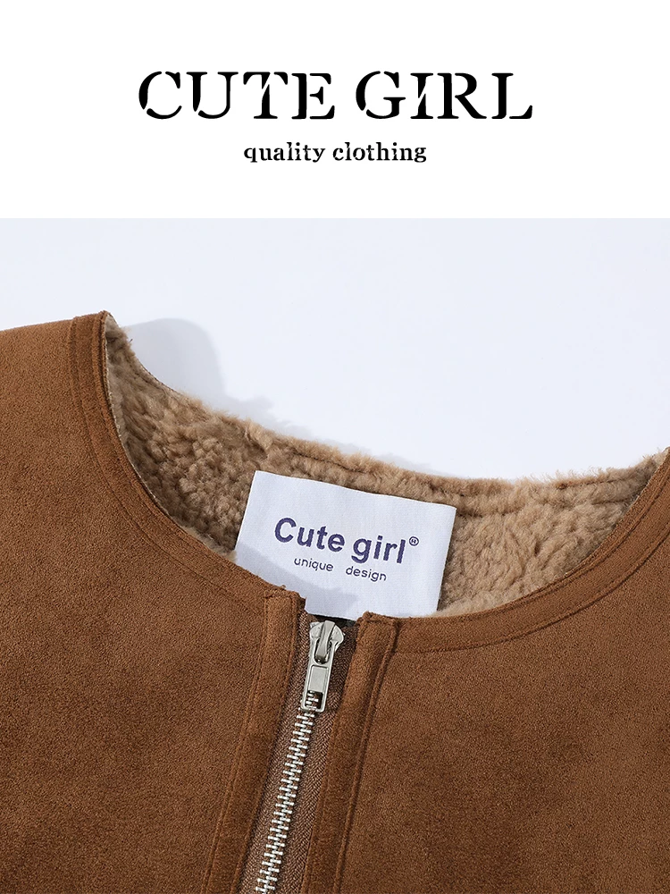 Áo khoác tích hợp lông cừu kiểu Barn của CuteGirl dành cho nữ, mùa thu đông, áo khoác dày dặn, rộng rãi, đa năng, cao cấp