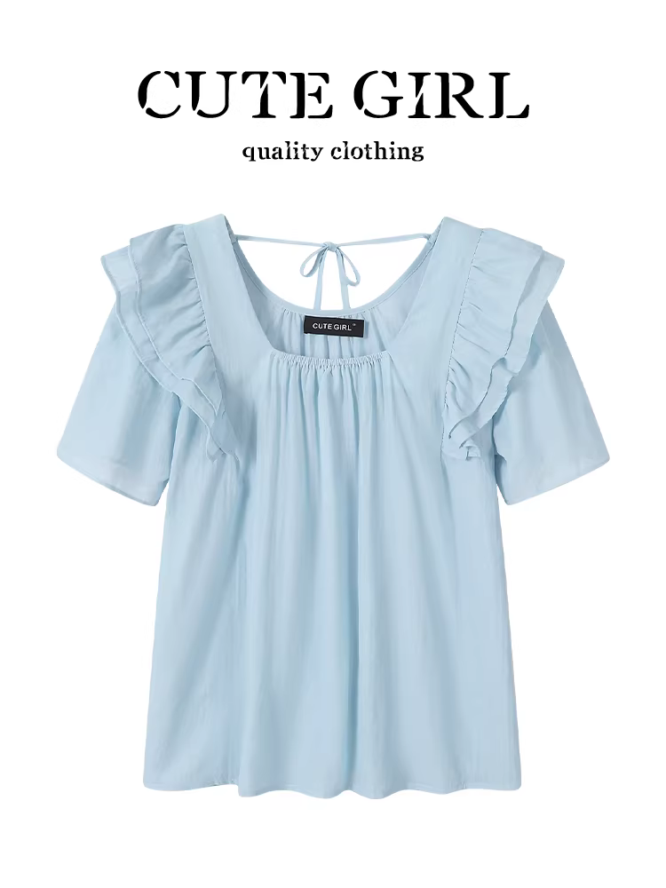 Áo sơ mi ngắn tay cổ vuông màu xanh nhạt kiểu Pháp dễ thương dành cho nữ, áo babydoll thanh lịch mùa hè