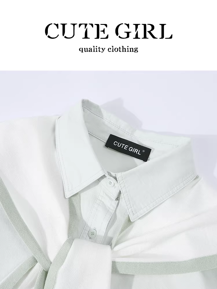 Bộ áo sơ mi phong cách preppy nhỏ nhắn dễ thương dành cho nữ, bộ hai mảnh khăn choàng dệt kim phối màu độc đáo mùa xuân