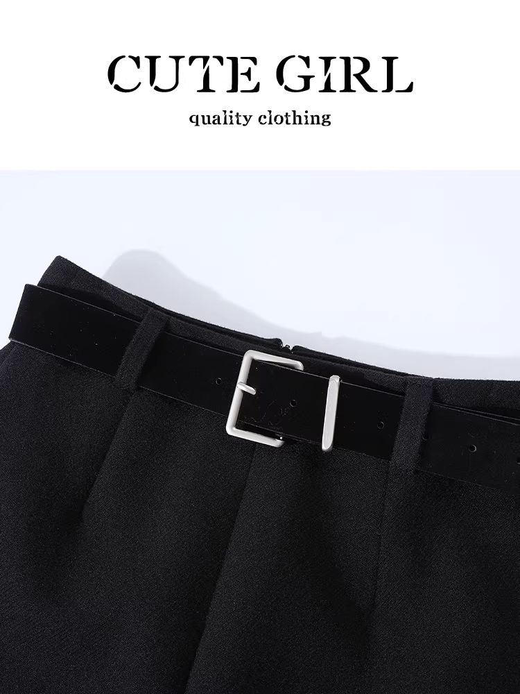 Váy len xếp ly màu đen sành điệu của CuteGirl dành cho nữ, váy midi chữ A đa năng, eo cao, thanh lịch mùa đông