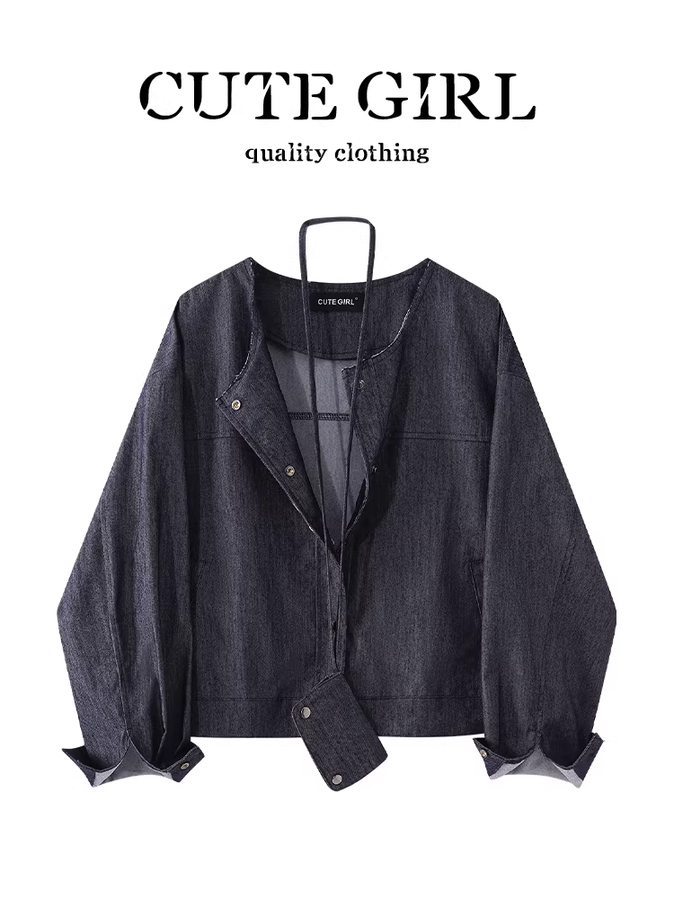 Áo khoác denim cổ tròn cổ điển kiểu Hàn Quốc có túi dành cho nữ, phong cách mùa thu, áo khoác dáng rộng, giản dị và đa năng