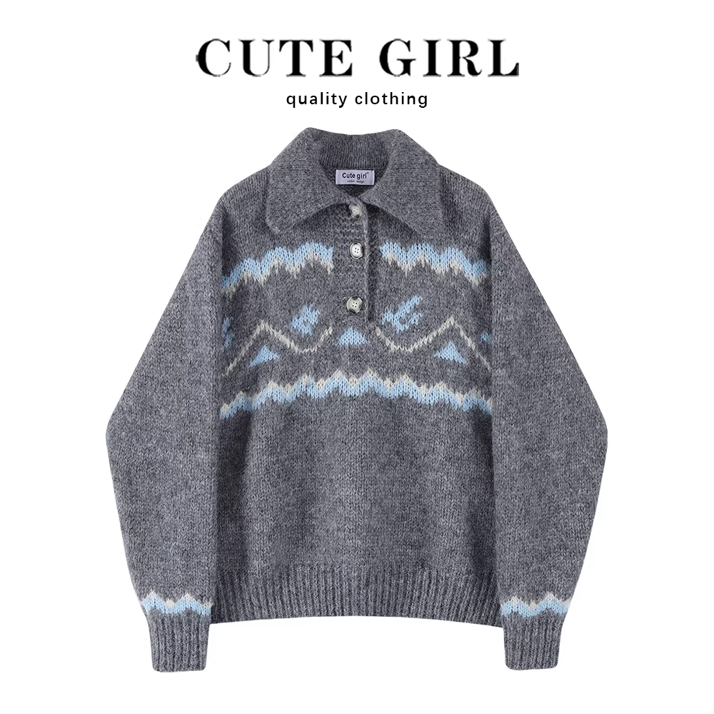 CuteGirl thiết kế áo len màu xám thêu cao cấp dành cho nữ, phong cách mới xuân thu 2025, áo khoác ngoài nhỏ nhắn, chất liệu dệt kim dày.