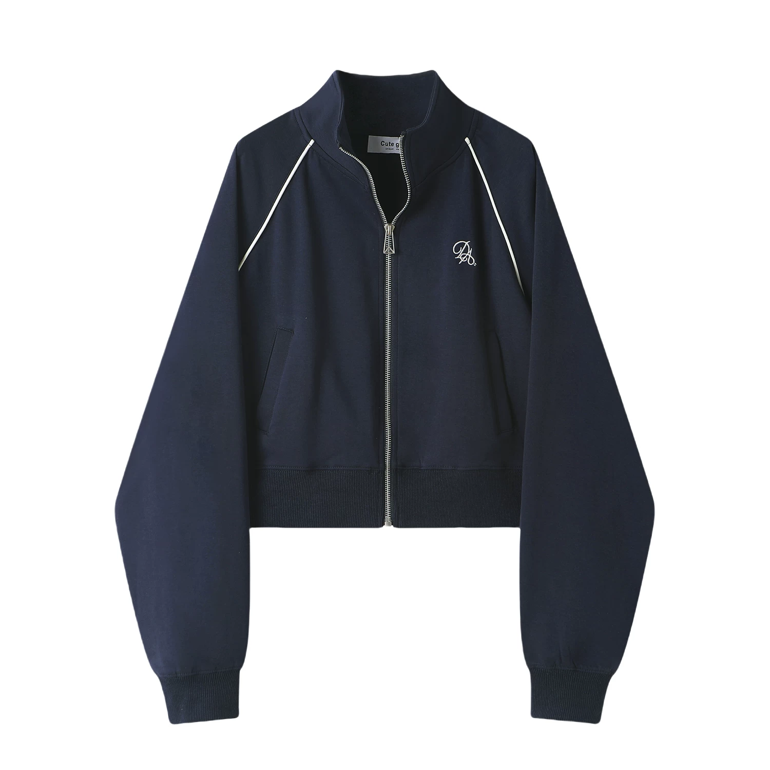 Áo khoác len có dây kéo màu xám cổ điển của CuteGirl Hàn Quốc dành cho nữ mùa xuân phong cách thể thao áo cardigan thêu