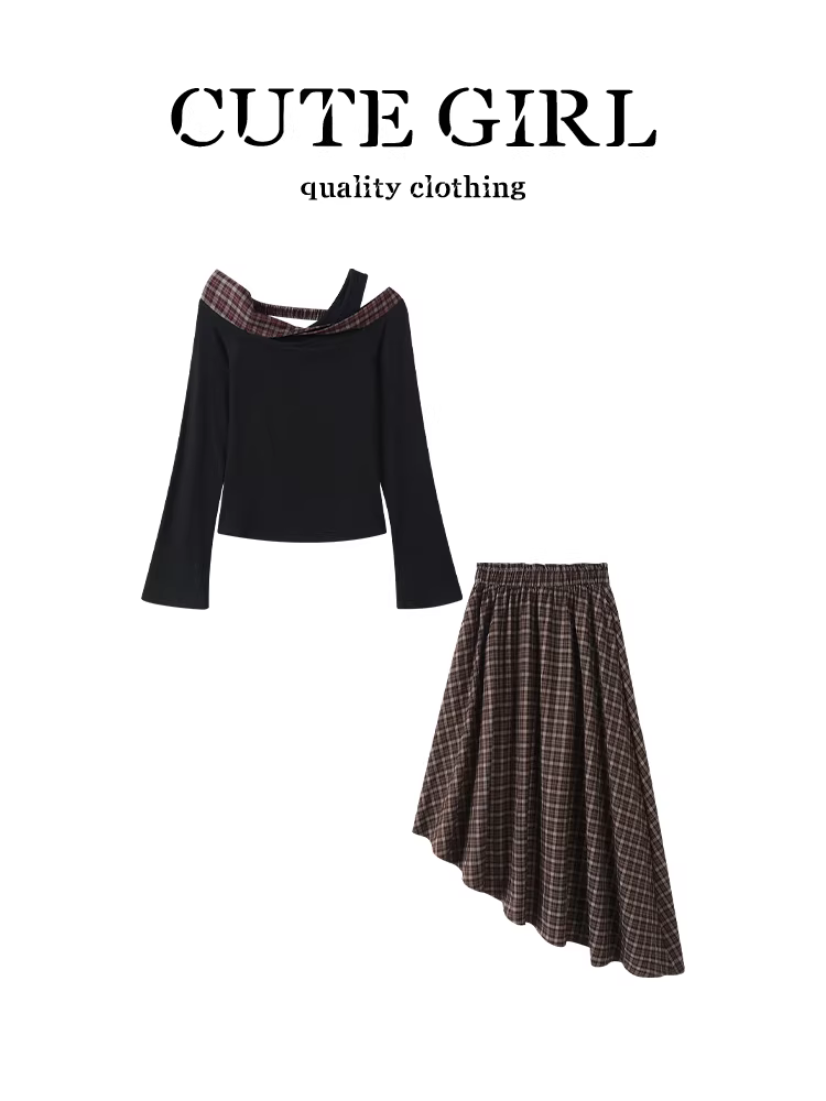 Áo thun dài tay lệch vai giả hai mảnh cổ điển cao cấp của CuteGirl với váy kẻ sọc không đều Bộ hai mảnh dành cho mùa thu