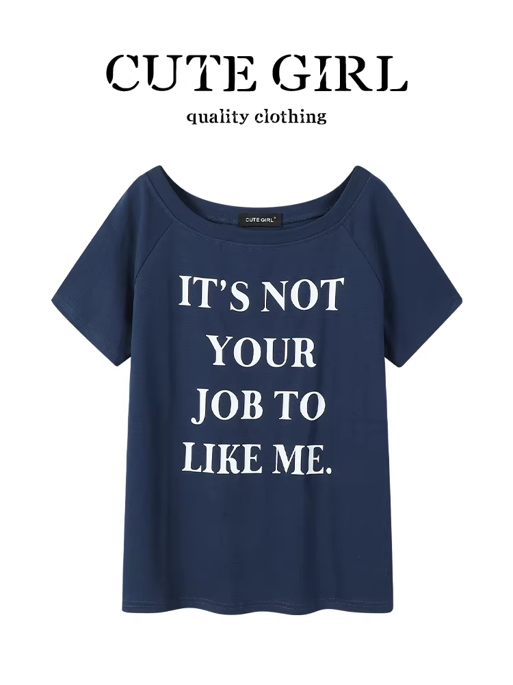 Áo thun ngắn tay in họa tiết màu xanh hải quân phong cách Mỹ dành cho nữ, thiết kế mùa hè, dáng rộng và đa năng, áo thon gọn