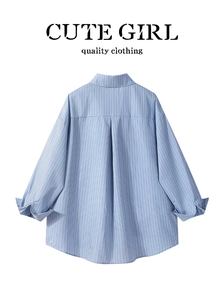 Áo sơ mi dài tay cổ polo sọc xanh lấy cảm hứng từ thiết kế CuteGirl dành cho nữ, phong cách mùa thu, dáng rộng, áo đi làm đa năng.