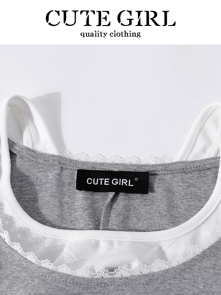 CuteGirl thiết kế độc đáo váy hai dây giả hai dây chắp vá dành cho nữ, váy ngắn cổ ren giảm tuổi theo phong cách Hàn Quốc mùa hè