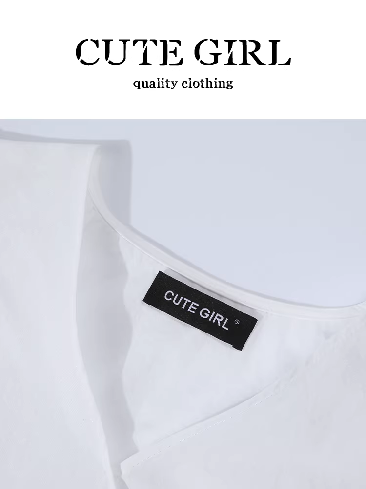 CuteGirl phong cách Hàn Quốc thanh lịch cổ chữ V tay phồng áo sơ mi trắng ngắn tay dành cho nữ mùa hè thắt lưng bên hông dáng ôm vừa vặn
