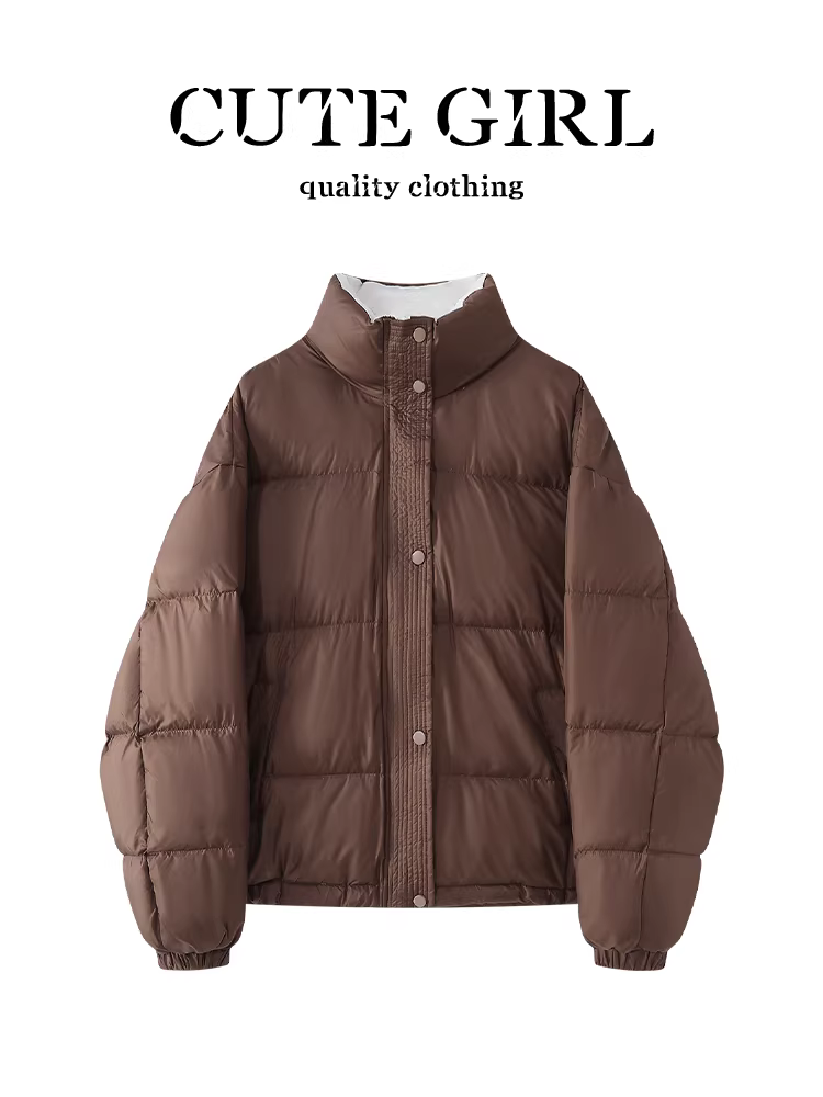 Áo khoác phao cổ đứng kiểu retro màu nâu phong cách dễ thương dành cho nữ mùa đông, chất liệu lông vũ trắng, dáng nhỏ nhắn