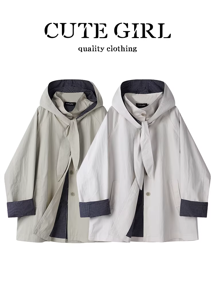 Áo khoác cổ đứng kẻ sọc màu sắc phối hợp phong cách CuteGirl dành cho nữ, áo khoác ngắn có mũ trùm đầu đa năng, dáng rộng, cao cấp mùa thu