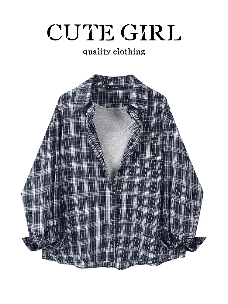 CuteGirl retro kẻ sọc ve áo dài tay áo vest phù hợp với phụ nữ đầu mùa thu giản dị đa năng áo sơ mi sang trọng