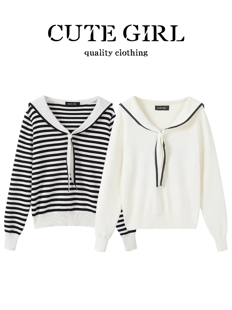 Áo len dệt kim cổ thủy thủ màu tương phản phong cách Hàn Quốc dành cho nữ, thiết kế đầu thu, dáng rộng và đa năng, áo trẻ trung và độc đáo.