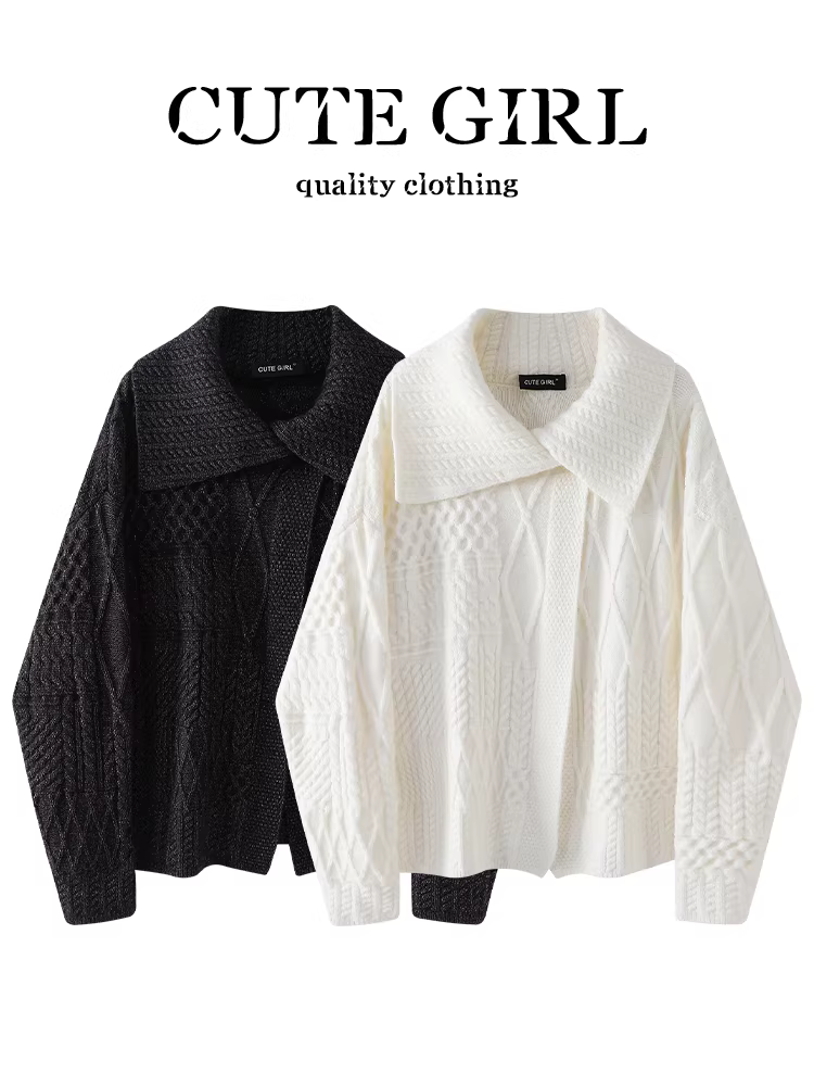 Áo len dệt kim có ve áo lớn màu mơ lấy cảm hứng từ thiết kế CuteGirl dành cho nữ, phong cách mùa thu, áo khoác len dáng rộng, giản dị, đa năng.