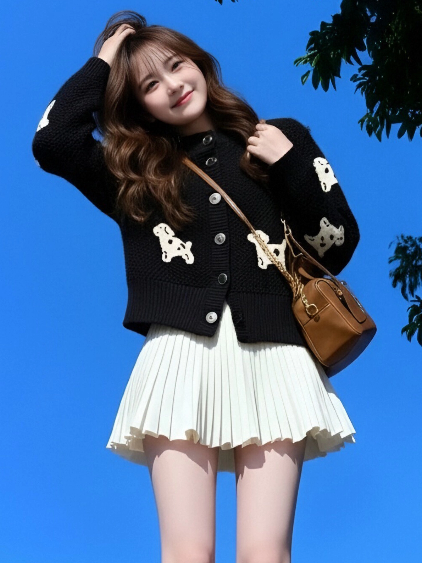 CuteGirl Bộ trang phục mùa đông phong cách Hàn Quốc dành cho nữ, áo len cổ tròn và váy hai mảnh bằng vải jacquard hình chú chó đen