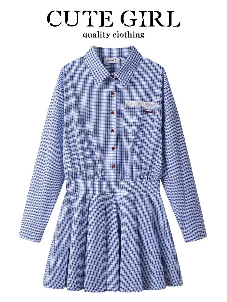 Váy sơ mi kẻ sọc giảm tuổi tác theo phong cách preppy của CuteGirl dành cho nữ, váy ngắn tay dài ôm eo giảm béo mùa xuân mới