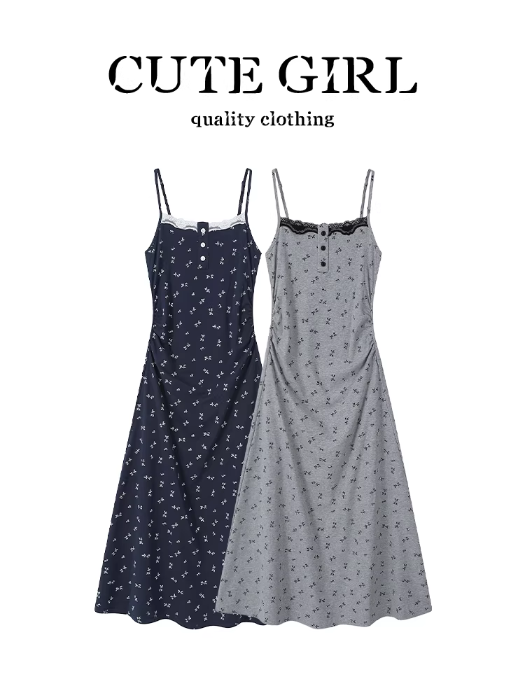 Váy dây rút lưng kiểu Pháp thiết kế hoa xinh xắn dành cho nữ, váy dài phối ren eo thon đẹp mùa hè