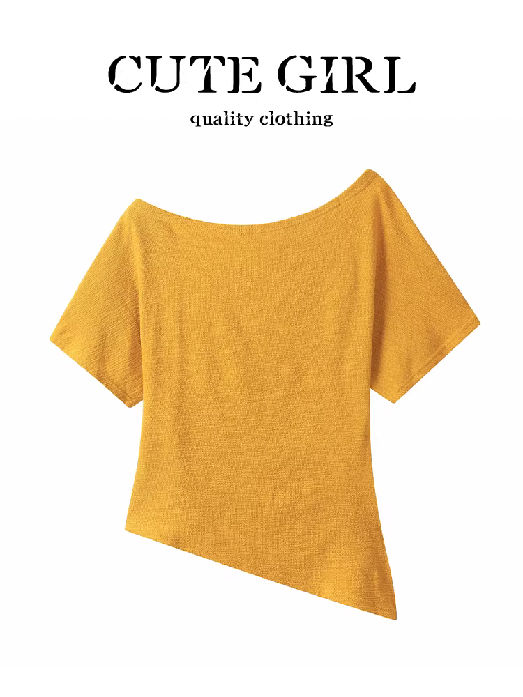 Áo thun ngắn tay lệch vai màu vàng cao cấp phong cách Hàn Quốc dành cho nữ, áo hở vai không đều mùa hè
