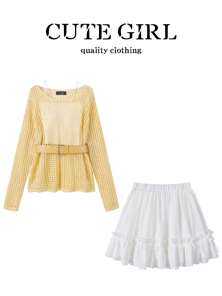 Bộ trang phục phong cách thoải mái của CuteGirl dành cho nữ, áo khoác chống nắng khoét lỗ mùa hè, áo yếm, váy ngắn chữ A, bộ ba món