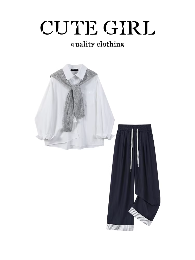 Trang phục hoàn chỉnh theo phong cách CuteGirl dành cho nữ vào mùa thu, áo sơ mi khăn choàng màu trắng và quần ống rộng thường ngày, bộ hai mảnh