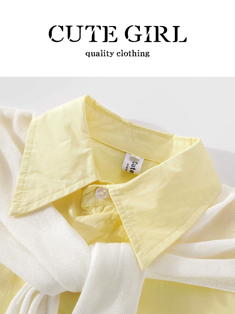 CuteGirl kiểu Pháp đơn giản màu vàng cổ polo khăn choàng dài tay áo sơ mi nữ mùa xuân áo khoác thường ngày áo cardigan