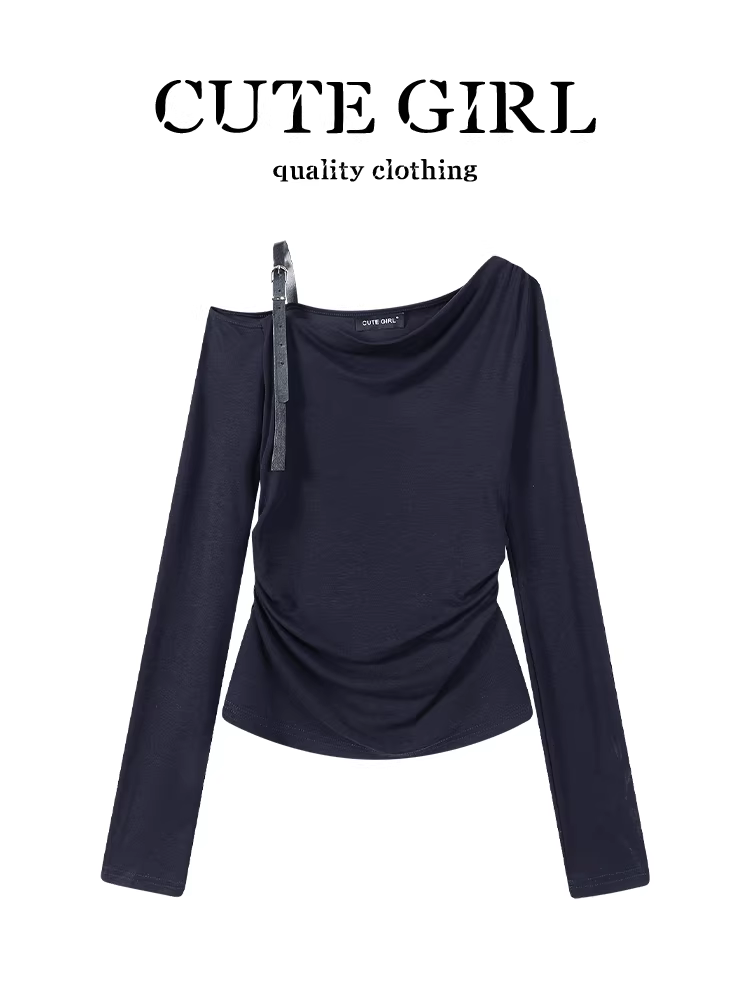 Áo thun dài tay trễ vai màu xanh phong cách Hàn Quốc dành cho nữ, phong cách thuần khiết và quyến rũ mùa thu, dáng ôm, áo đa năng và độc đáo.