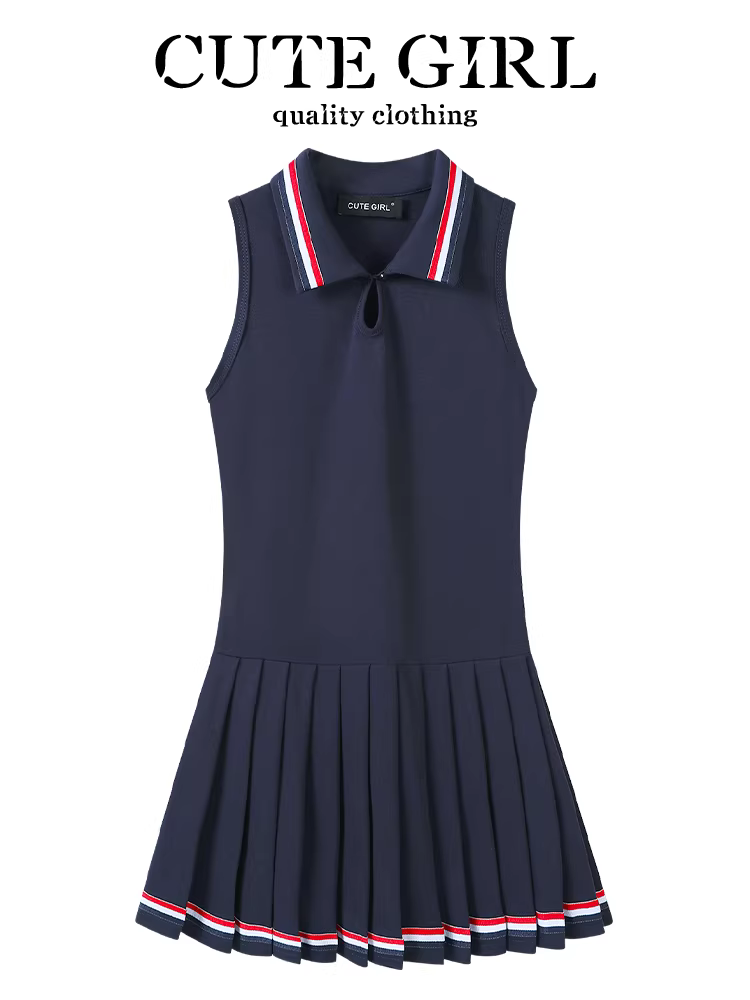 Váy không tay có cổ màu sắc phong cách preppy của CuteGirl dành cho nữ, thiết kế mùa hè, ôm eo, giảm béo, váy xếp ly giảm tuổi tác