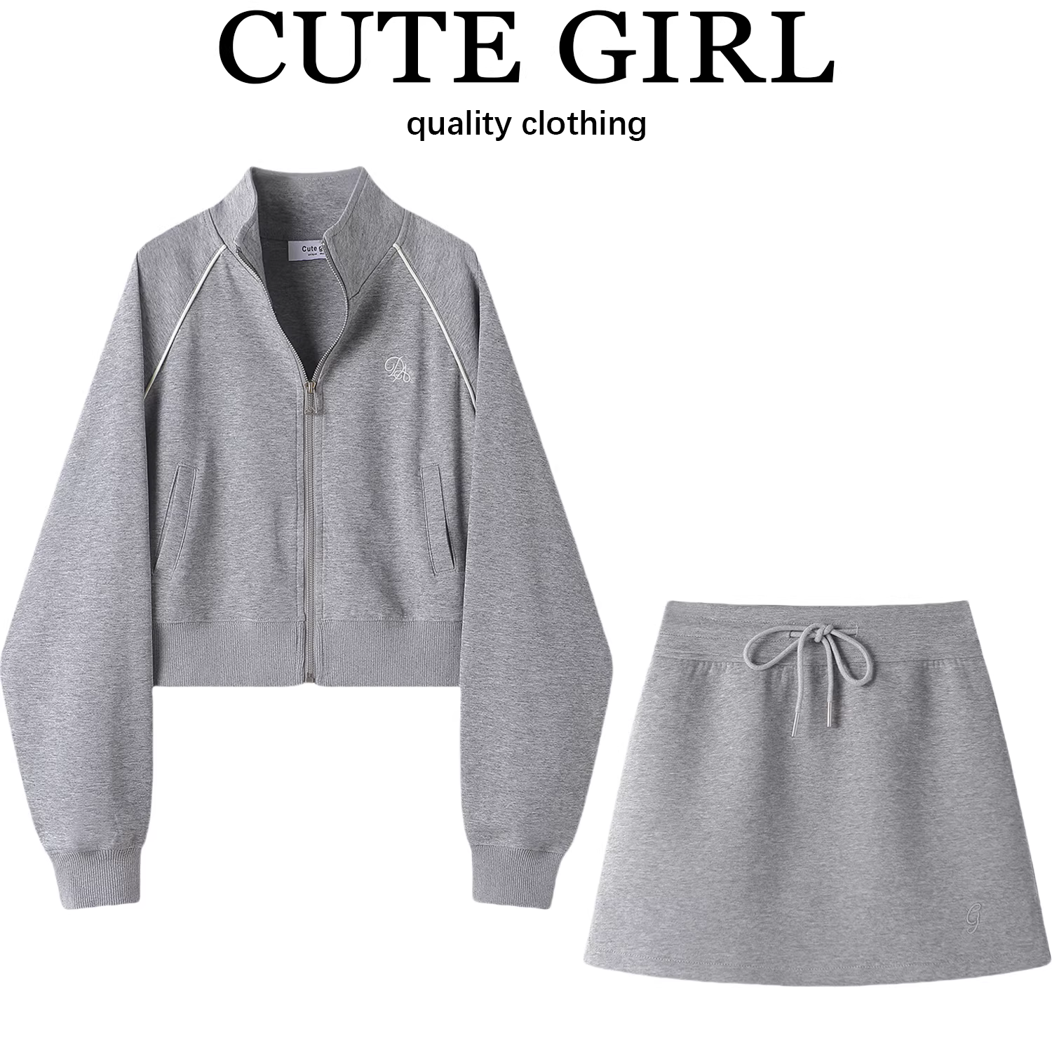 CuteGirl phong cách thể thao giản dị Hàn Quốc áo khoác len màu xám áo khoác nữ mùa xuân thu váy cạp cao có dây buộc bộ hai món