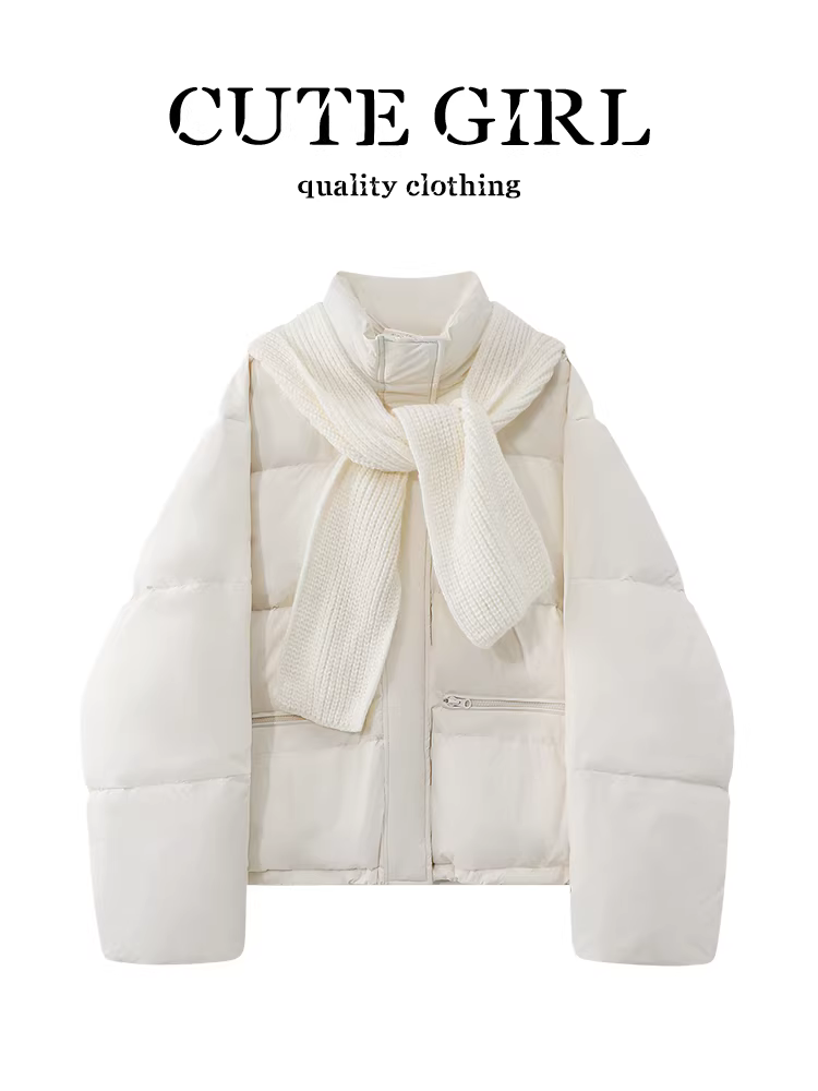 Áo khoác trắng kiểu Hàn Quốc có khăn choàng và cổ đứng dành cho nữ, mùa thu đông, áo khoác cotton thanh lịch, rộng rãi, đa năng, giảm tuổi tác.