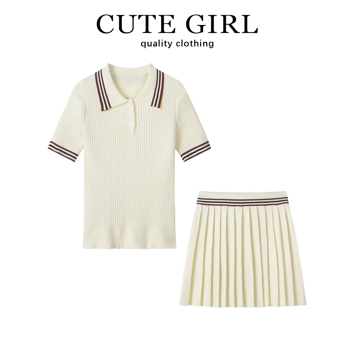 Bộ hai mảnh nữ mùa hè gồm áo len ngắn tay cổ polo phong cách Hàn Quốc dễ thương và chân váy xếp ly cao eo