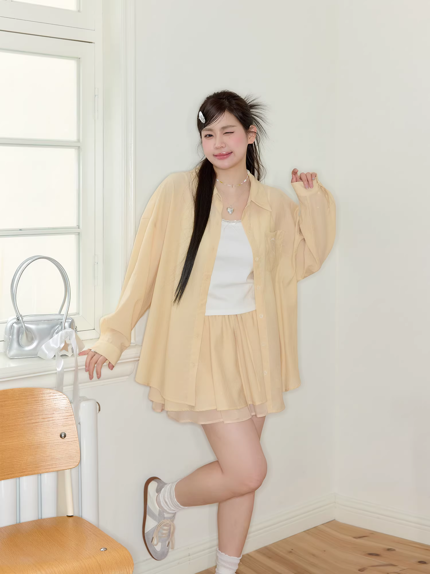 Quần áo nữ cỡ lớn dành cho người lớn, trang phục giảm béo cho các cô gái mũm mĩm, phong cách Hàn Quốc, áo chống nắng thanh lịch, váy chữ A thông thường.