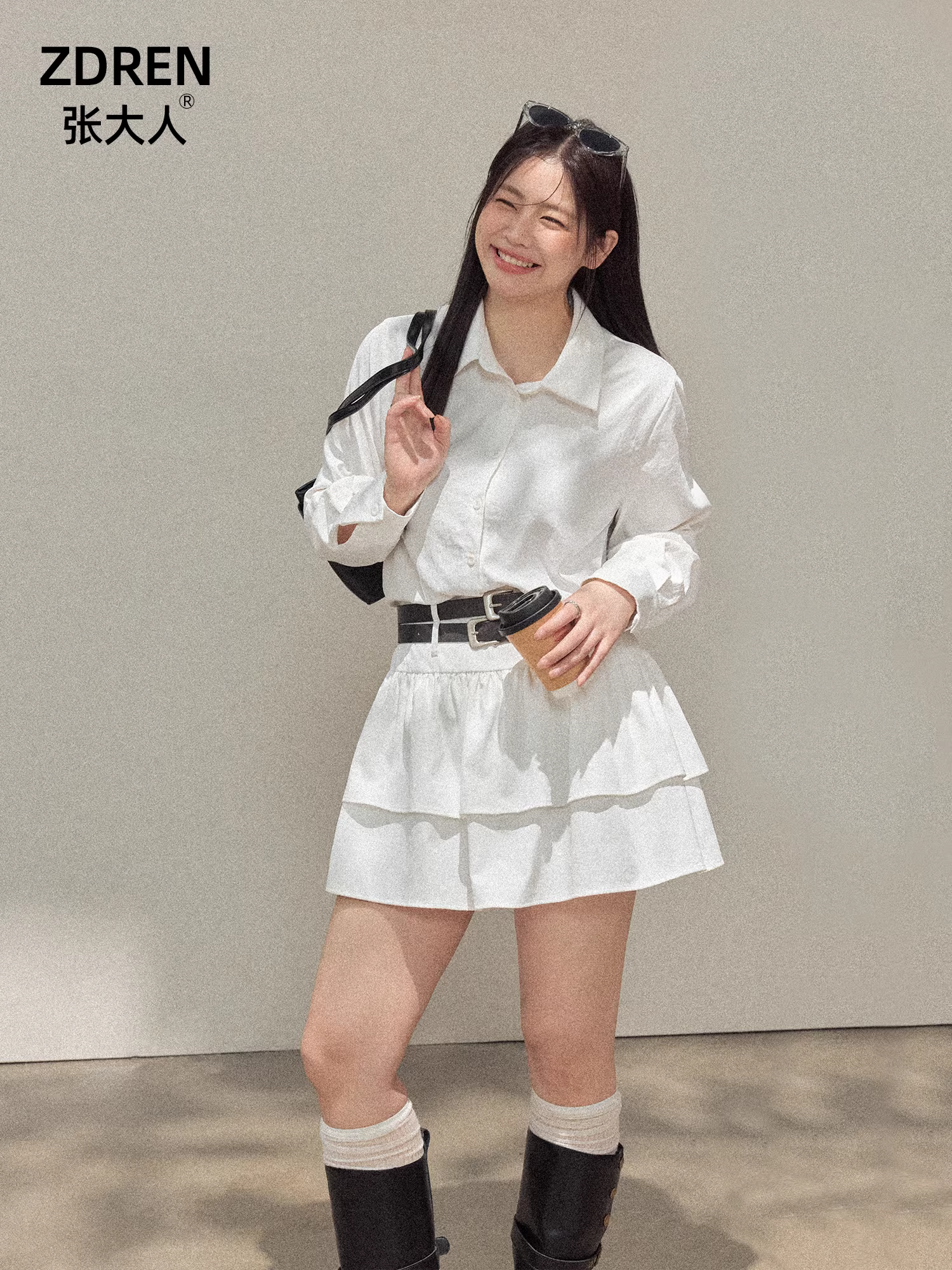 Quần áo thu đông cỡ lớn dành cho nữ của Zhang Daren dành cho các cô nàng mũm mĩm, bộ đồ hai mảnh giúp thon gọn, áo sơ mi trắng thanh lịch phong cách Hàn Quốc và váy lưng cao.
