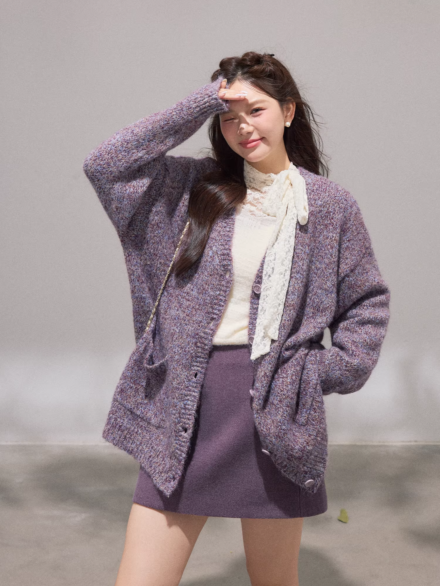 Bộ áo khoác và váy len màu tím kiểu Hàn Quốc, dáng ôm, phong cách quý tộc, dành cho phụ nữ cỡ lớn, mùa đông.